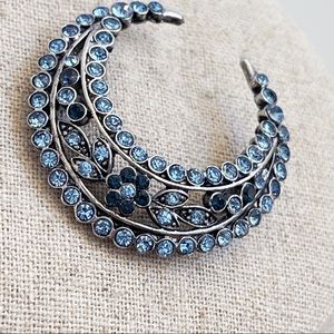 Silver Tone Blue Crystal Floral Design Moon Statement Brooch 1 5/8”
